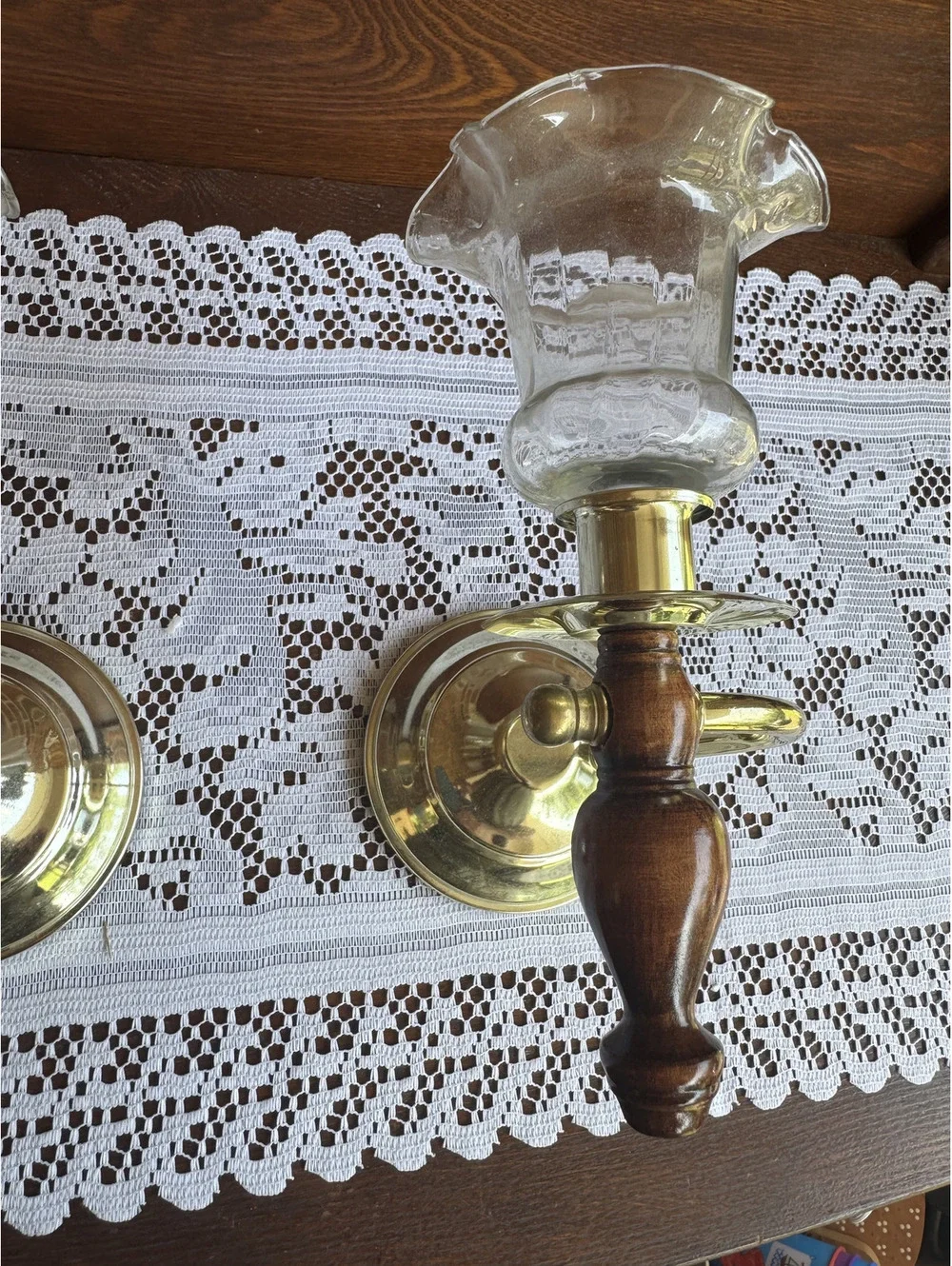 Vintage Pair of Wall Sconces with Wooden Handles and Glass Shades
